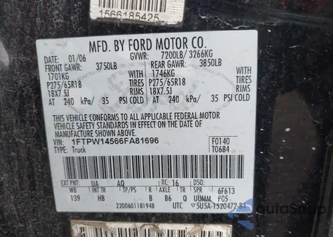 2006 Ford F-150 Fx4/Lariat/Xlt z USA, uszkodzony, nr VIN 1FTPW14566FA81696